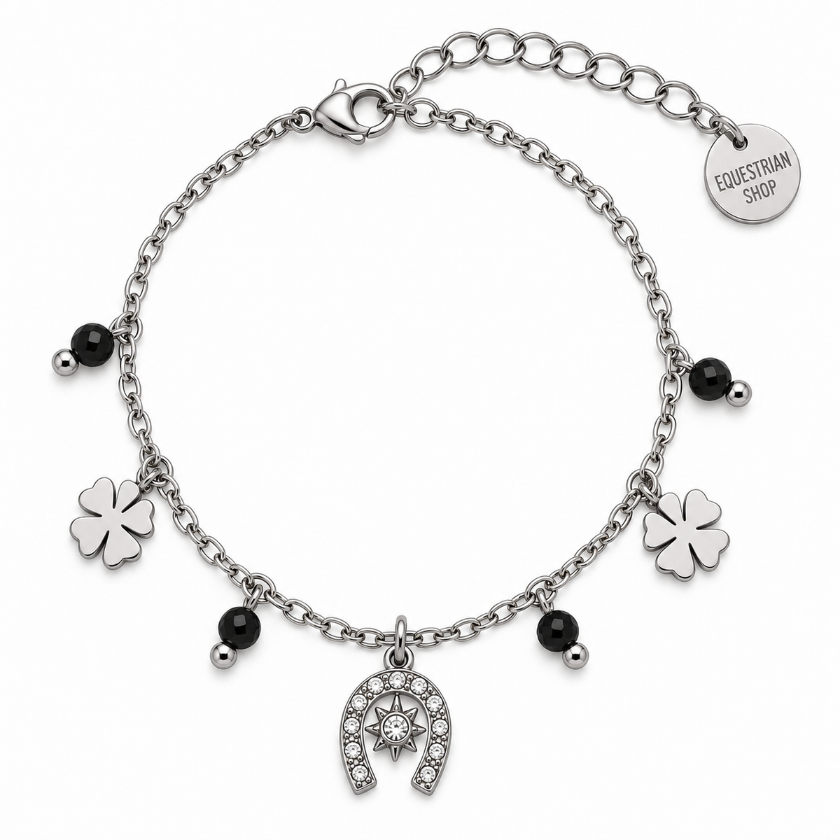 Equestrian Jewelry armband Rio met hoefijzer, klavertjes en natuursteentjes, in zilver met agaat en goud met kwarts