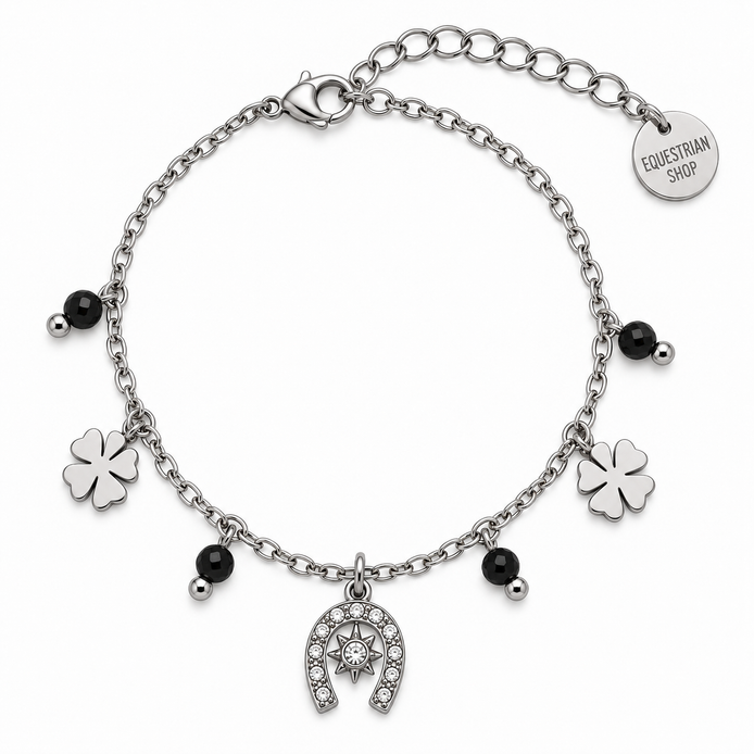 Equestrian Jewelry armband Rio met hoefijzer, klavertjes en natuursteentjes, in zilver met agaat en goud met kwarts