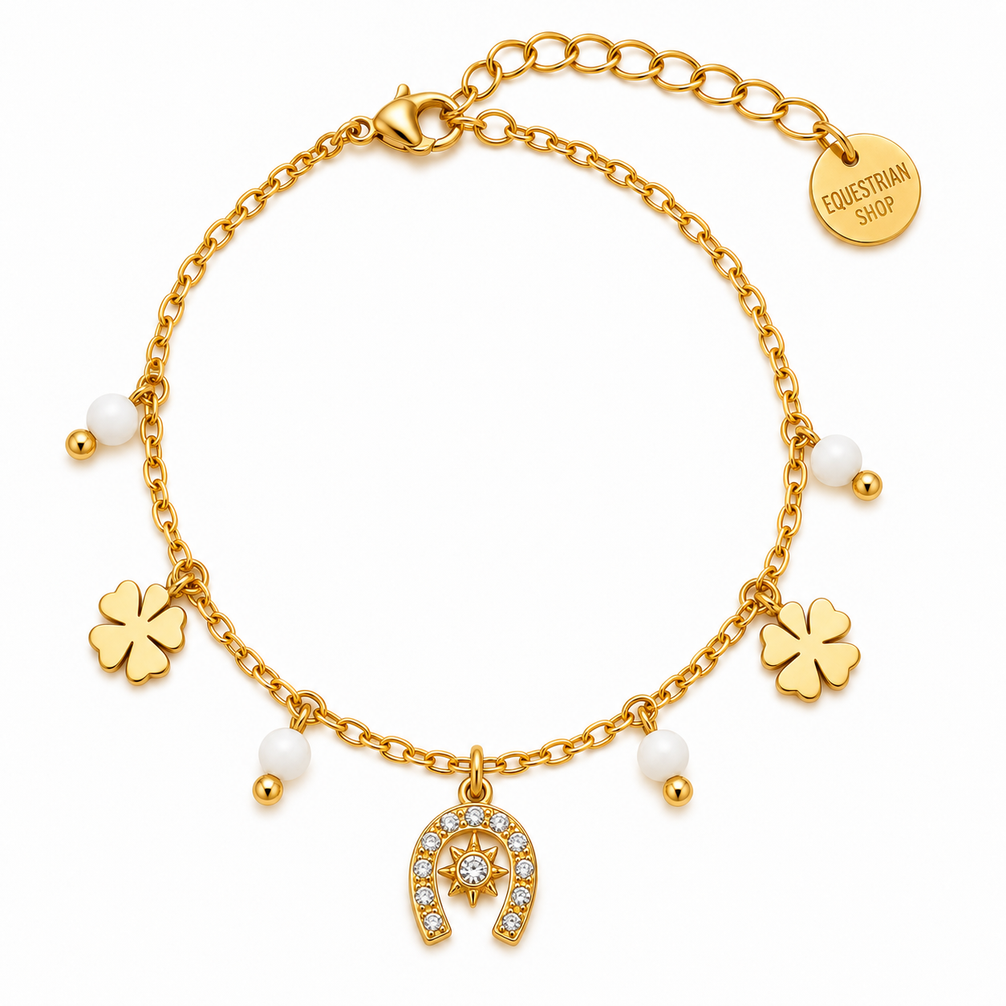 Equestrian Jewelry armband Rio met hoefijzer, klavertjes en natuursteentjes, in zilver met agaat en goud met kwarts