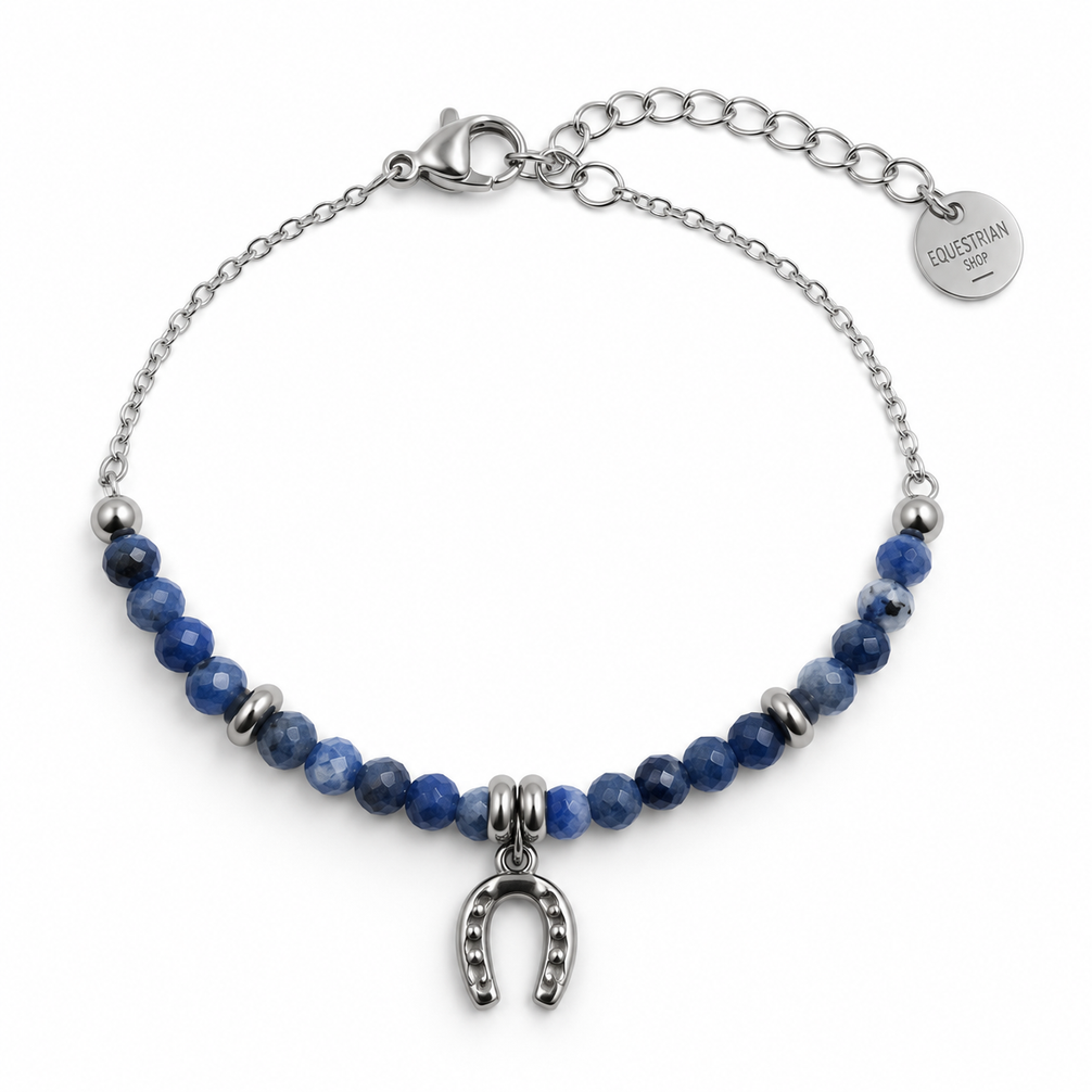 Equestrian Jewelry armband Azur met kleine facetgeslepen natuursteentjes en een hoefijzer in het midden