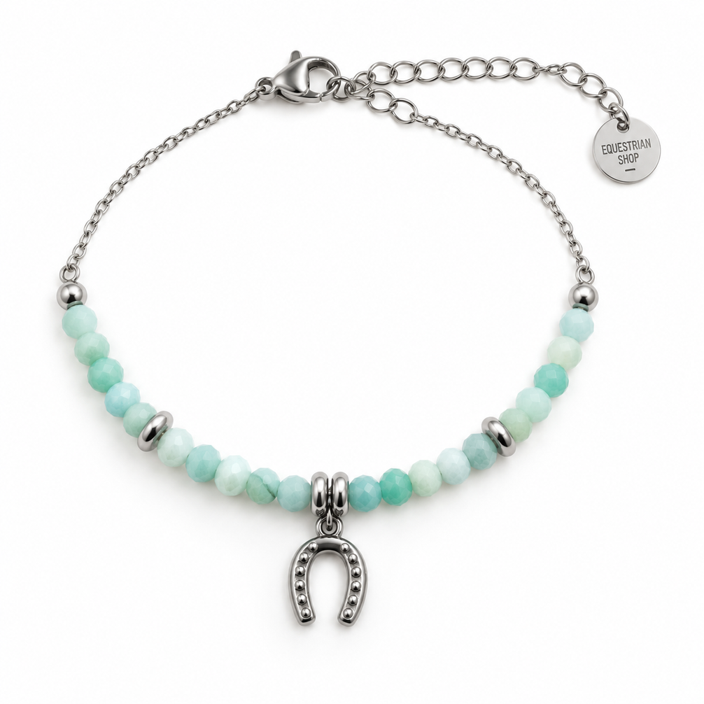 Equestrian Jewelry armband Azur met kleine facetgeslepen natuursteentjes en een hoefijzer in het midden