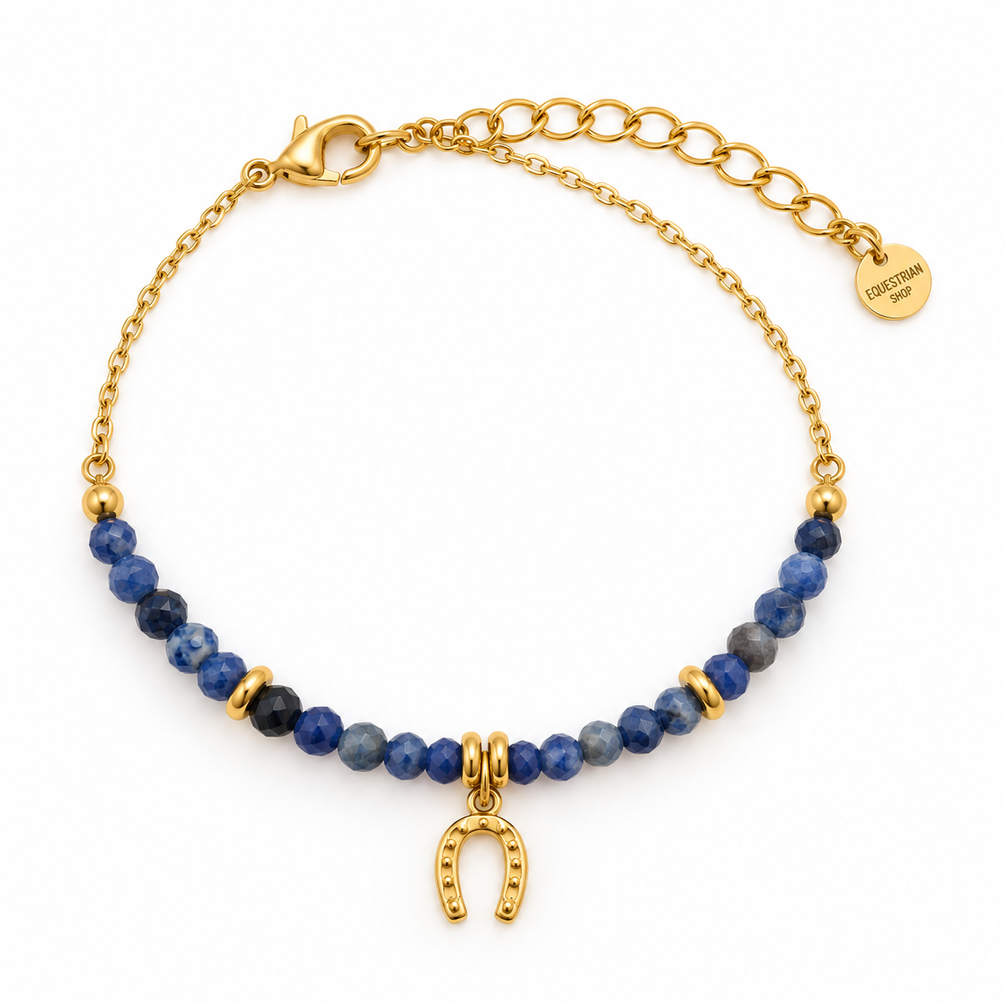 Equestrian Jewelry armband Azur met kleine facetgeslepen natuursteentjes en een hoefijzer in het midden