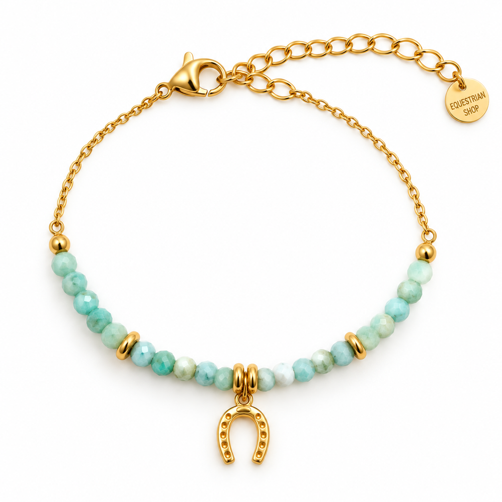 Equestrian Jewelry armband Azur met kleine facetgeslepen natuursteentjes en een hoefijzer in het midden