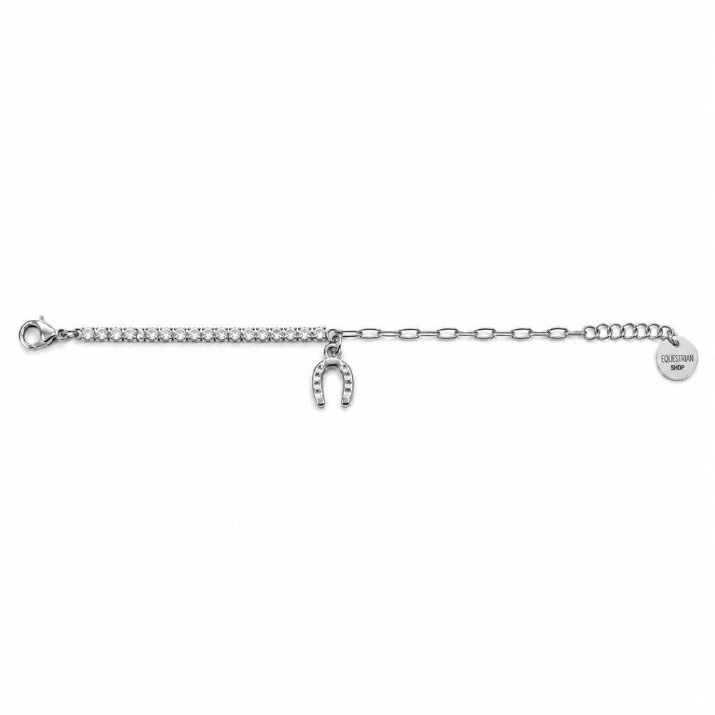 Equestrian Jewelry armband Dallas met hoefijzerhanger en een rij zirkonia, in zilver en goud