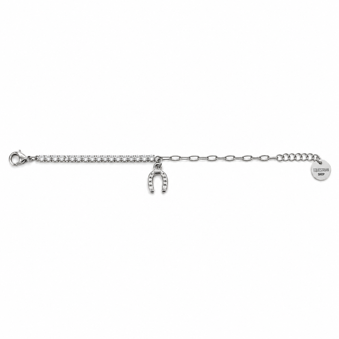 Equestrian Jewelry armband Dallas met hoefijzerhanger en een rij zirkonia, in zilver en goud