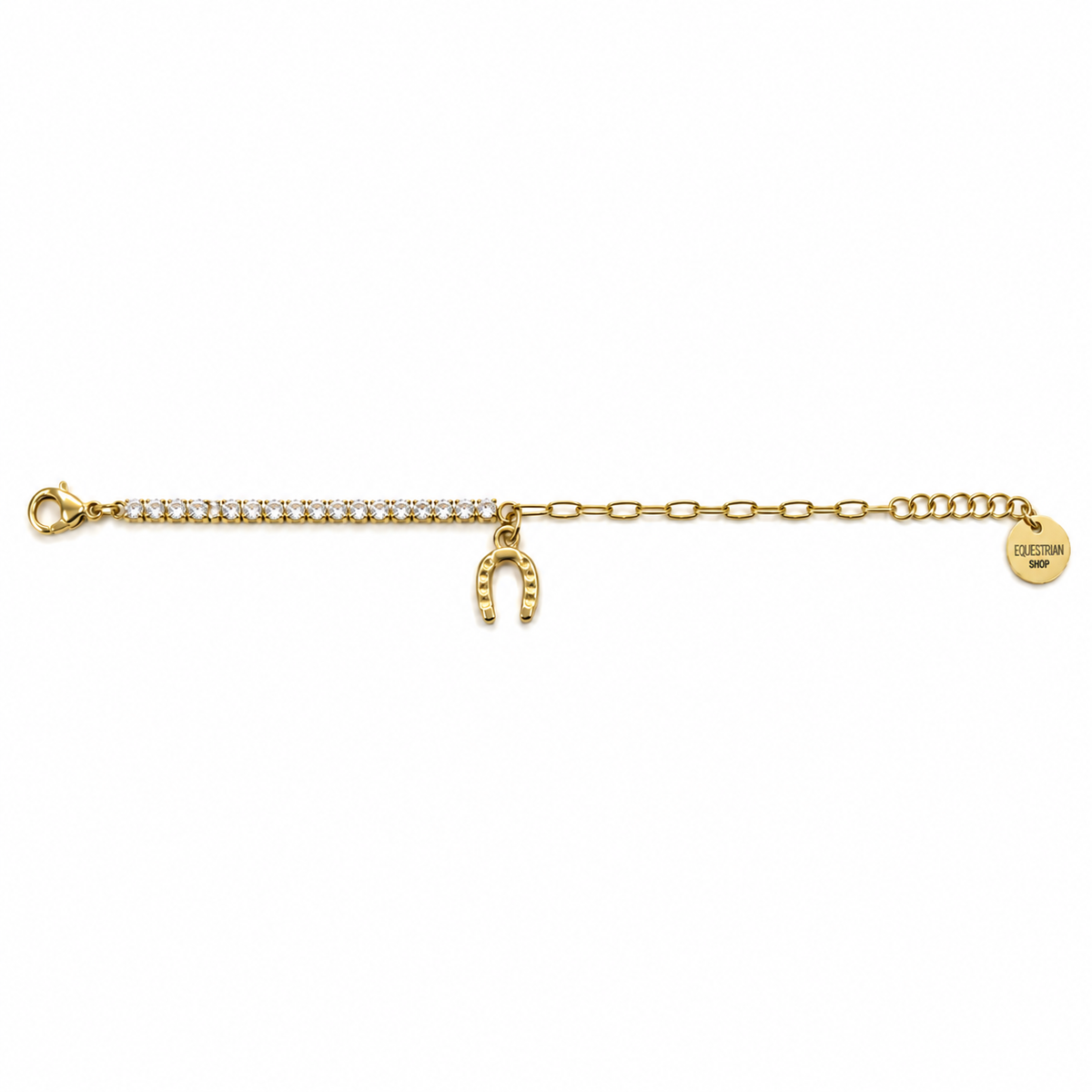 Equestrian Jewelry armband Dallas met hoefijzerhanger en een rij zirkonia, in zilver en goud