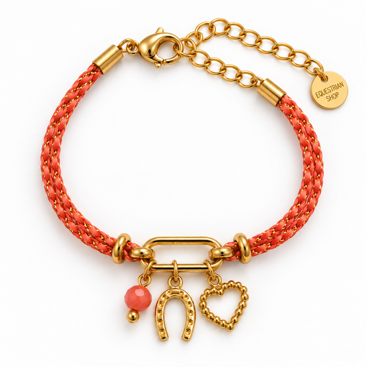 Equestrian Jewelry armband Epona: fijn koord met drie bedeltjes, een hoefijzer, een hartje en een natuursteen kraal