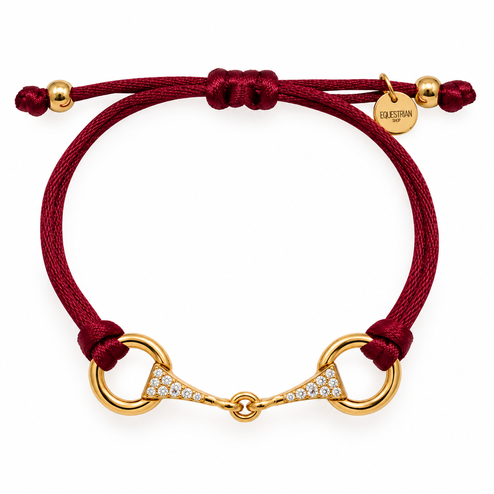 Equestrian Jewelry armband Sam: satijnen koord met een bit bezet met strass-steentjes, in goud of zilver