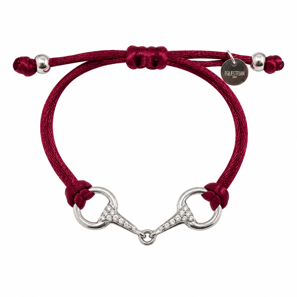 Equestrian Jewelry armband Sam: satijnen koord met een bit bezet met strass-steentjes, in goud of zilver