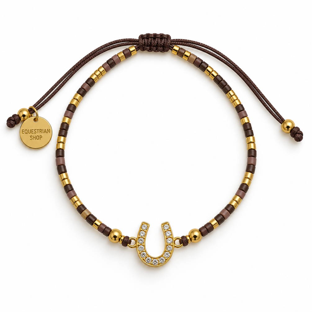 Equestrian Jewelry armband Summer met gekleurde kraaltjes, gouden details en een hoefijzer met strass-steentjes