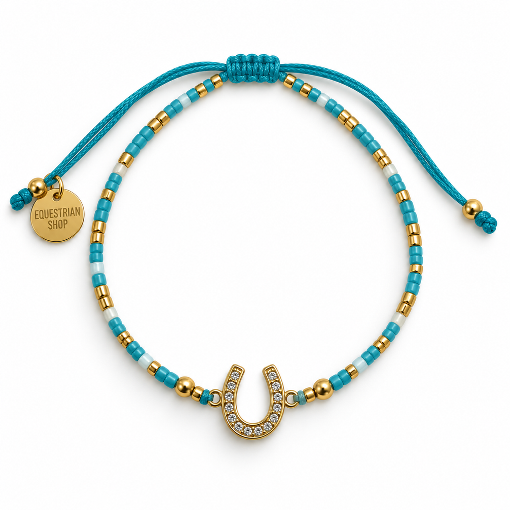 Equestrian Jewelry armband Summer met gekleurde kraaltjes, gouden details en een hoefijzer met strass-steentjes