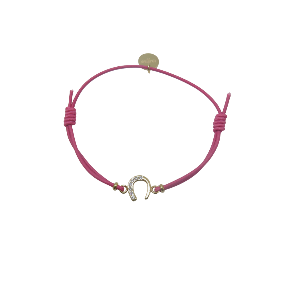 Equestrian Jewelry armband Lola: klein hoefijzer met strass-steentjes op een gekleurd koordje, in goud of zilver