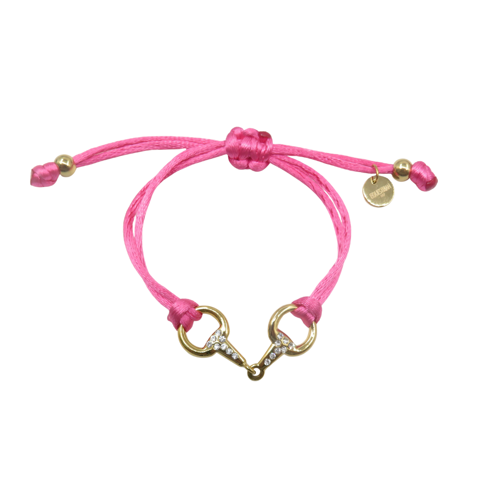 Equestrian Jewelry armband Sam: satijnen koord met een bit bezet met strass-steentjes, in goud of zilver