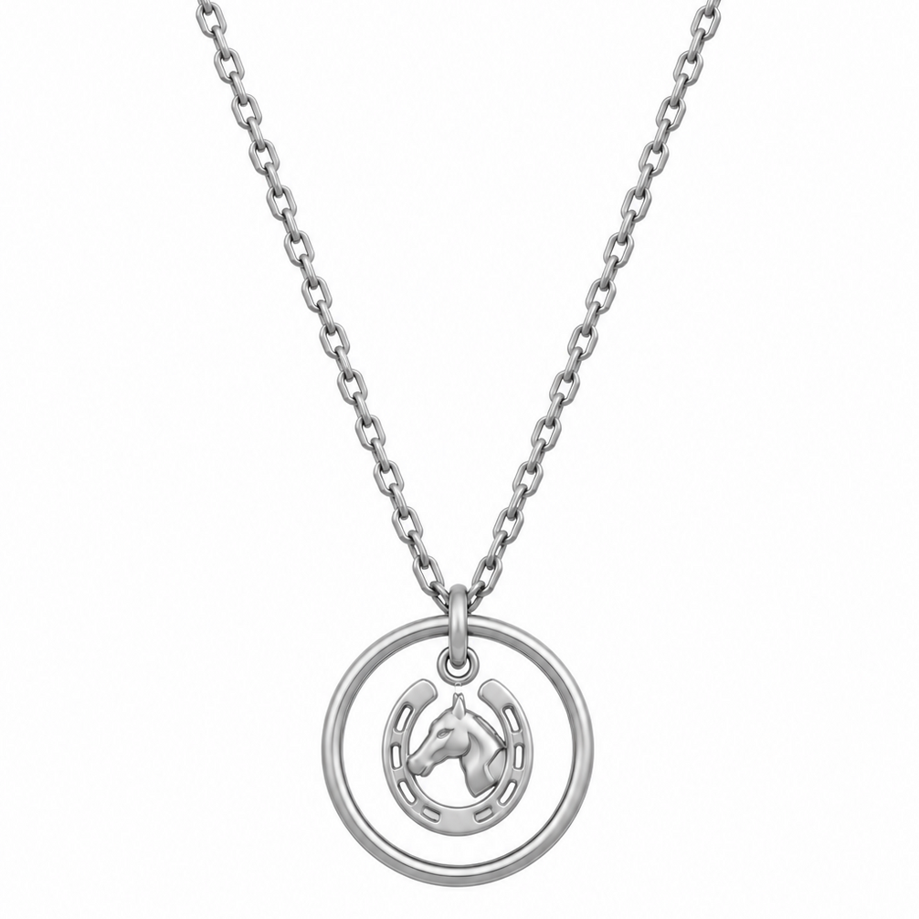 Equestrian Jewelry ketting Niki met ronde opengewerkte hanger met paardenhoofd en hoefijzer, in zilver en goud