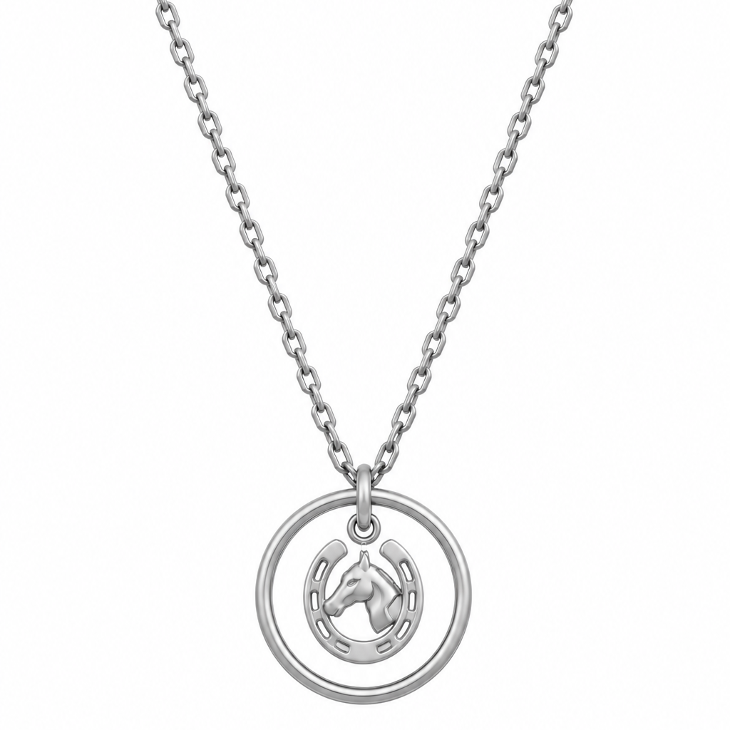 Equestrian Jewelry ketting Niki met ronde opengewerkte hanger met paardenhoofd en hoefijzer, in zilver en goud