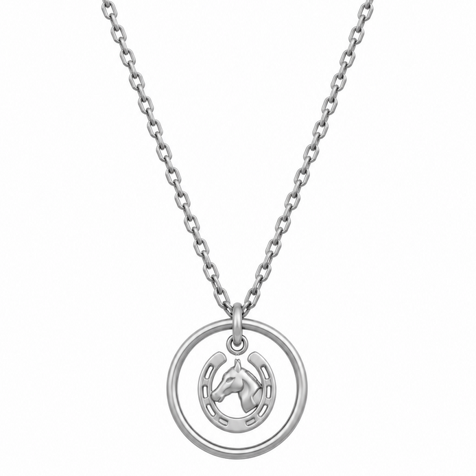 Equestrian Jewelry ketting Niki met ronde opengewerkte hanger met paardenhoofd en hoefijzer, in zilver en goud
