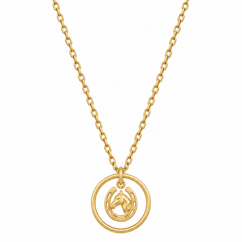 Equestrian Jewelry ketting Niki met ronde opengewerkte hanger met paardenhoofd en hoefijzer, in zilver en goud