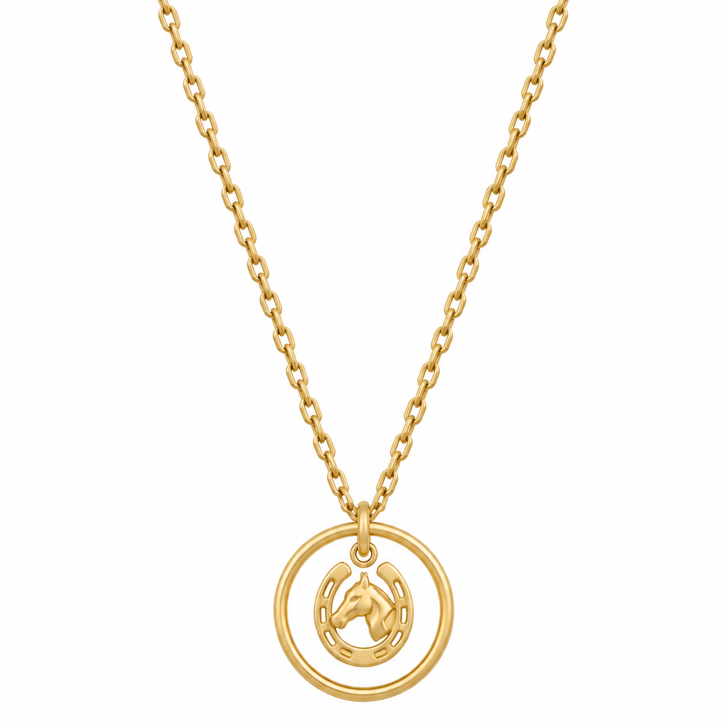 Equestrian Jewelry ketting Niki met ronde opengewerkte hanger met paardenhoofd en hoefijzer, in zilver en goud