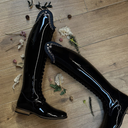 DeNiro Botticelli Patent; Rodine Swa Fabric Blue; GGS78 Swa Silk Rijlaarzen - Maddelin Equestrian De Niro Boot Co