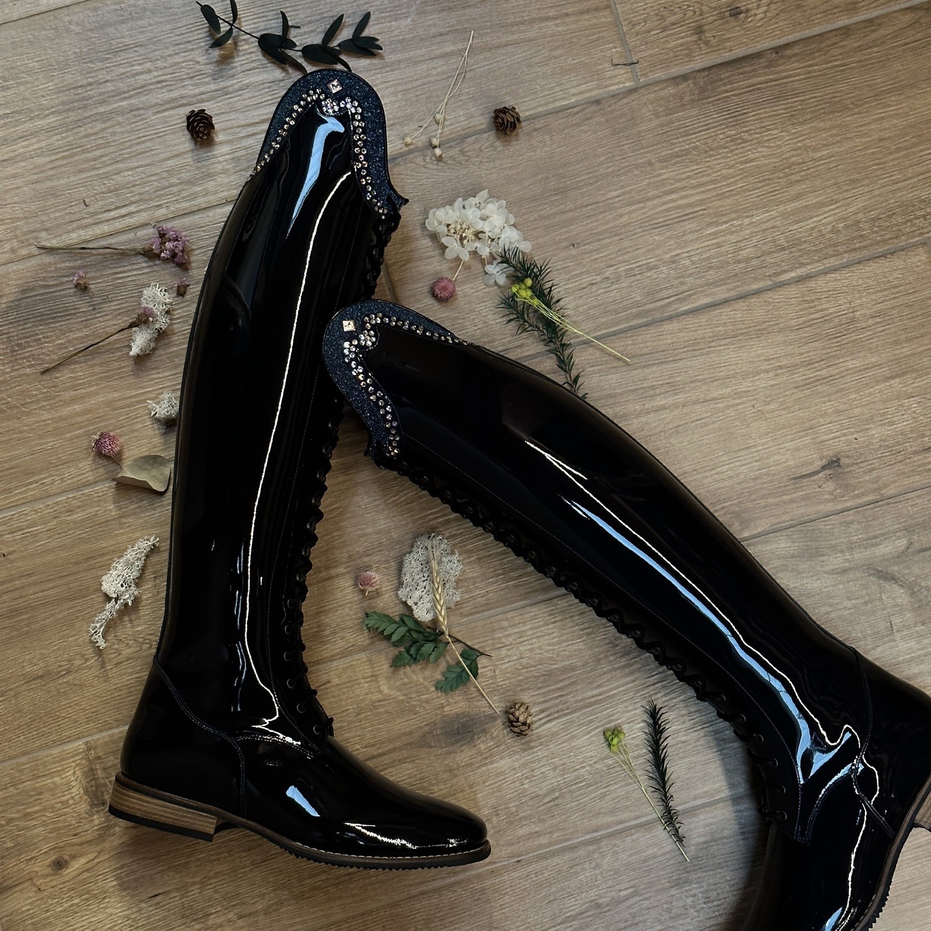 DeNiro Botticelli Patent; Rodine Swa Fabric Blue; GGS78 Swa Silk Rijlaarzen - Maddelin Equestrian De Niro Boot Co