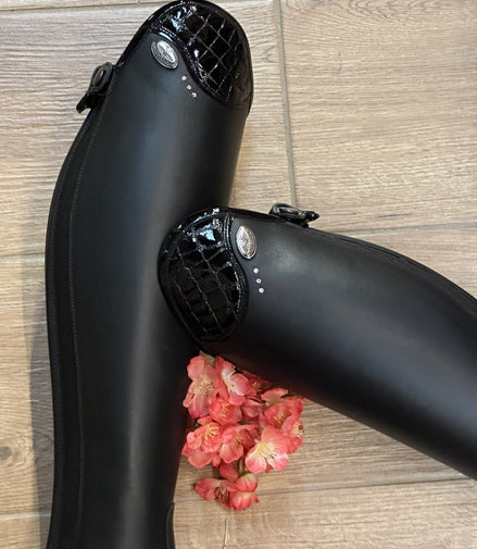 DeNiro Tricolore Salentino 01 Smooth Black - Lucido Black/Patent Black piping/Crystal Stones Rijlaarzen - Maddelin Equestrian De Niro Boot Co