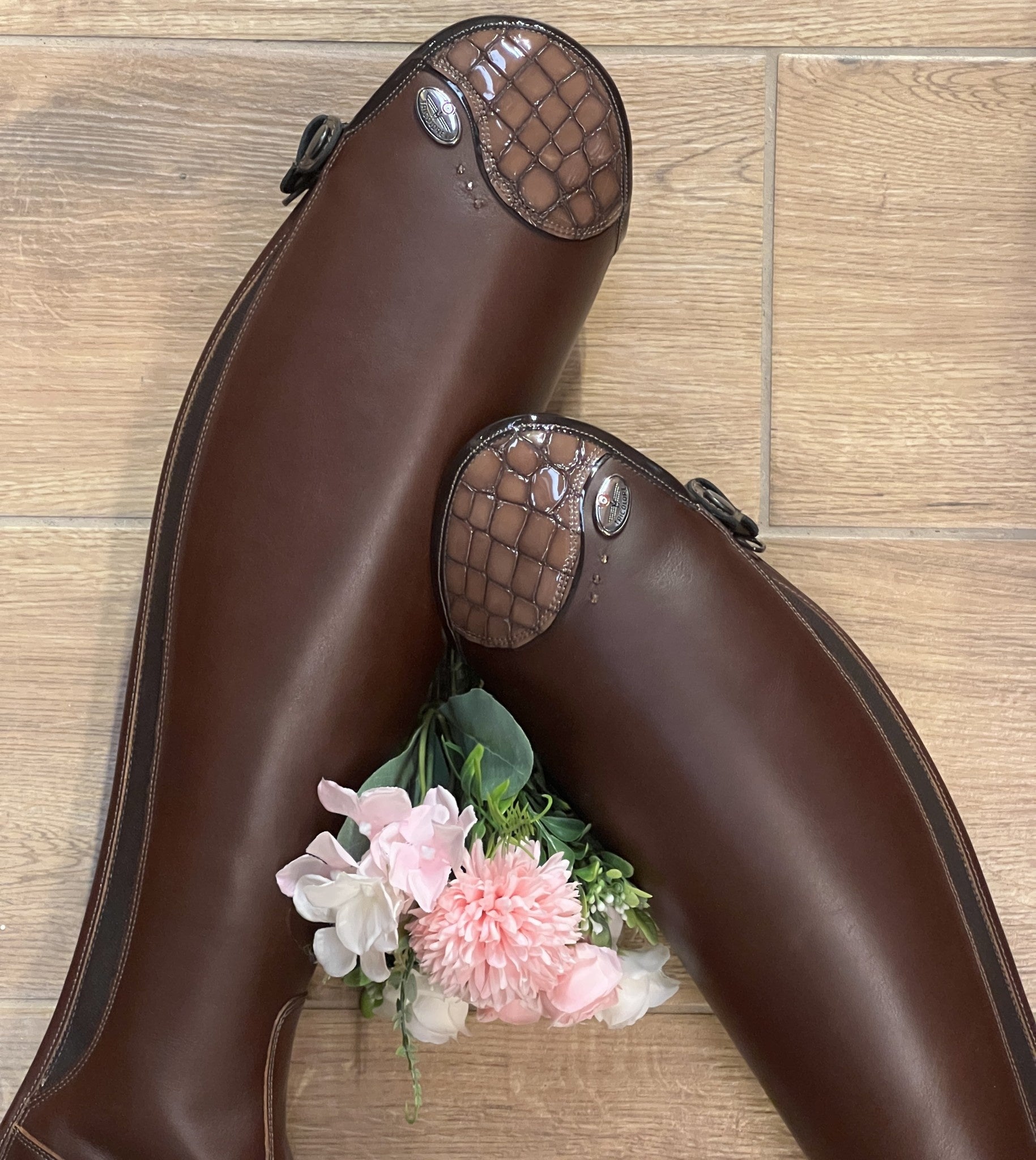 DeNiro Tricolore Salentino 01 Smooth Brown - Lucido Bistro/Patent Moka piping/Rose gold Stones Rijlaarzen - Maddelin Equestrian De Niro Boot Co