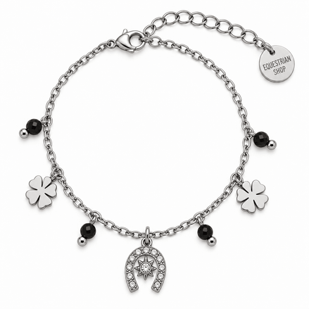 Equestrian Jewelry armband Rio met hoefijzer, klavertjes en natuursteentjes, in zilver met agaat en goud met kwarts