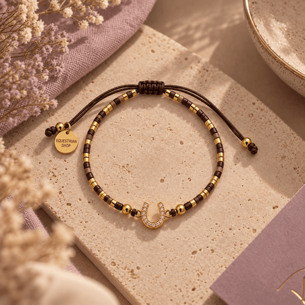 Equestrian Jewelry armband Summer met gekleurde kraaltjes, gouden details en een hoefijzer met strass-steentjes