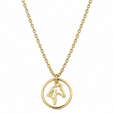 Equestrian Jewelry ketting Kimi met ronde opengewerkte hanger met gestileerd paardenhoofd, in zilver en goud
