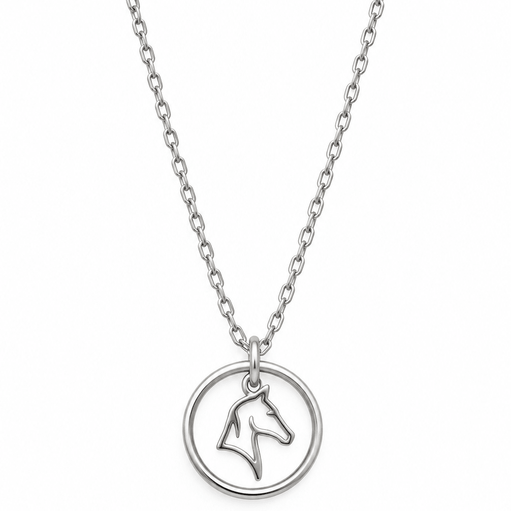 Equestrian Jewelry ketting Kimi met ronde opengewerkte hanger met gestileerd paardenhoofd, in zilver en goud