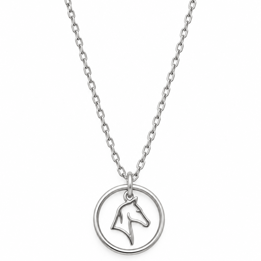 Equestrian Jewelry ketting Kimi met ronde opengewerkte hanger met gestileerd paardenhoofd, in zilver en goud