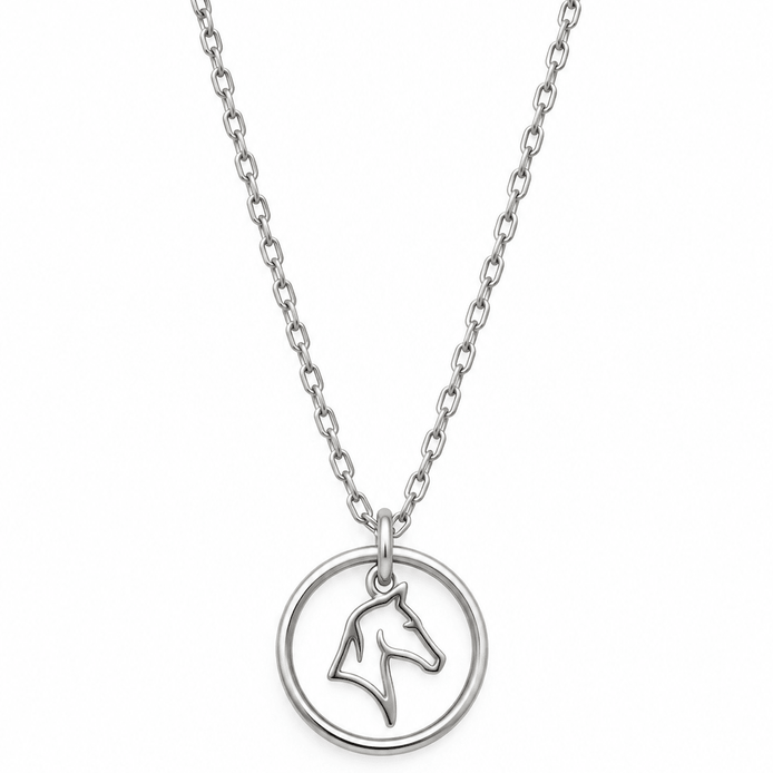 Equestrian Jewelry ketting Kimi met ronde opengewerkte hanger met gestileerd paardenhoofd, in zilver en goud
