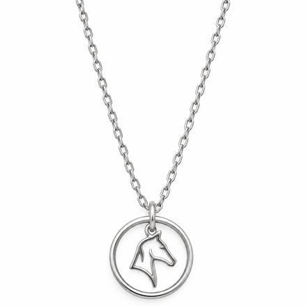 Equestrian Jewelry ketting Kimi met ronde opengewerkte hanger met gestileerd paardenhoofd, in zilver en goud