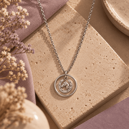 Equestrian Jewelry ketting Niki met ronde opengewerkte hanger met paardenhoofd en hoefijzer, in zilver en goud
