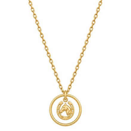 Equestrian Jewelry ketting Niki met ronde opengewerkte hanger met paardenhoofd en hoefijzer, in zilver en goud