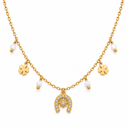 Equestrian Jewelry ketting Rio met hoefijzerhanger met strass, klavertjes en natuursteentjes, in zilver en goud