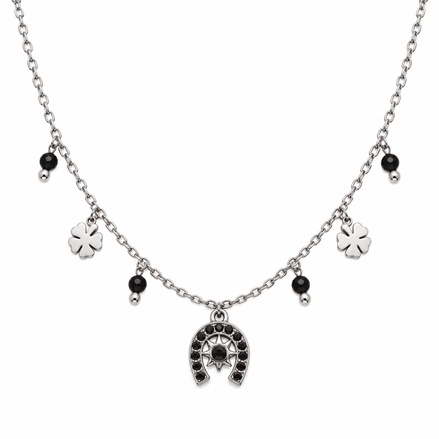 Equestrian Jewelry ketting Rio met hoefijzerhanger met strass, klavertjes en natuursteentjes, in zilver en goud
