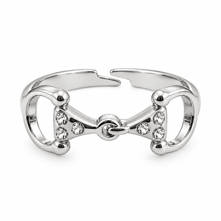 Equestrian Jewelry ring Alba, open verstelbare ring met bit bezet met strass-steentjes, in zilver en goud