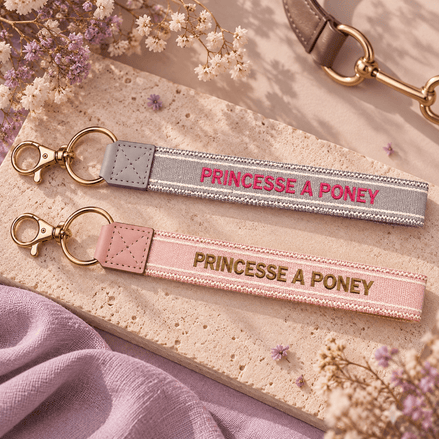 Equestrian Jewelry sleutelhanger Princesse à poney, geweven lint met borduursel en goudkleurig karabijnhaakje