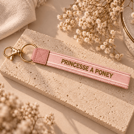 Equestrian Jewelry sleutelhanger Princesse à poney, geweven lint met borduursel en goudkleurig karabijnhaakje
