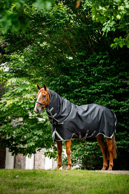 Horseware Rambo 1680D Plus Turnout deken met Vari-Layer in Zwart, zijaanzicht op het paard