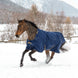 Bucas Irish Turnout 50 Navy/Gold op een paard in de sneeuw
