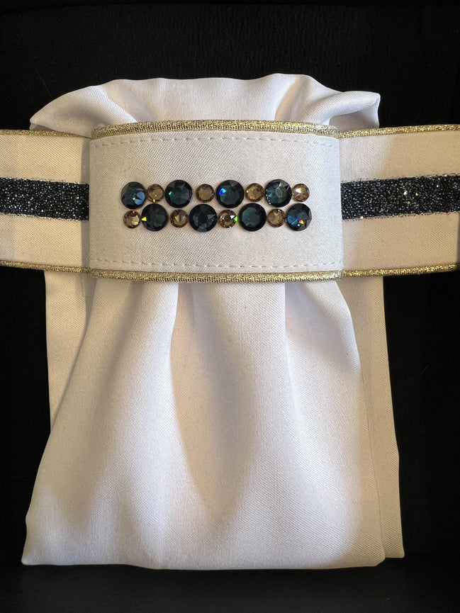 JUDI Stock Tie Crystal Fabric Blue Odessa Double Navy Gold Golden Trim L Wedstrijd Accessoires - Maddelin Equestrian JUDI