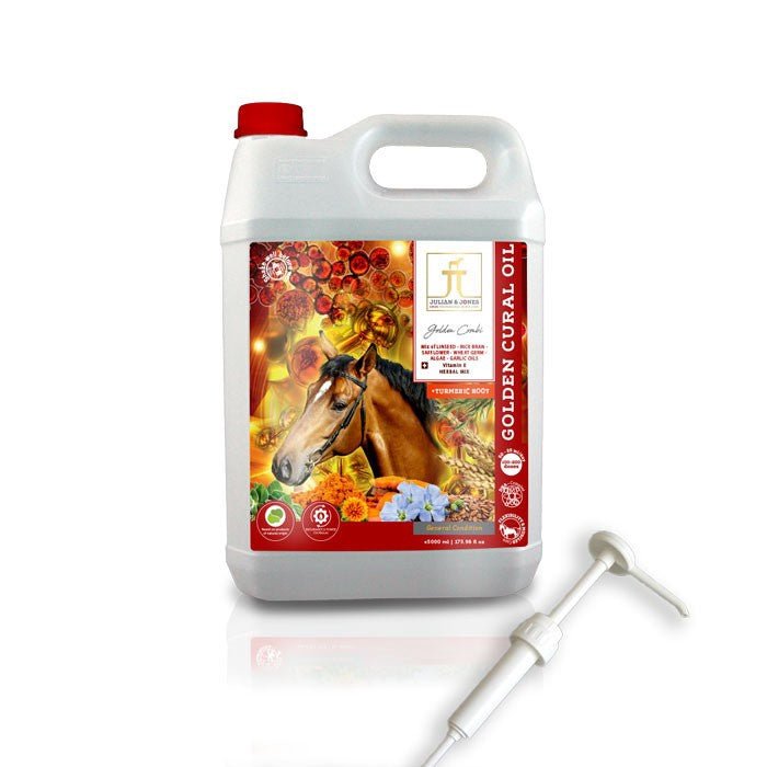 Julian & Jones Golden Cural Oil 5L + Pomp Voedingssupplementen - Maddelin Equestrian Julian & Jones