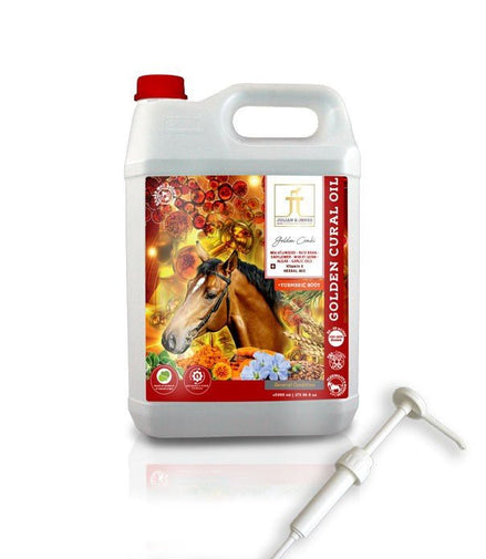 Julian & Jones Golden Cural Oil 5L + Pomp Voedingssupplementen - Maddelin Equestrian Julian & Jones
