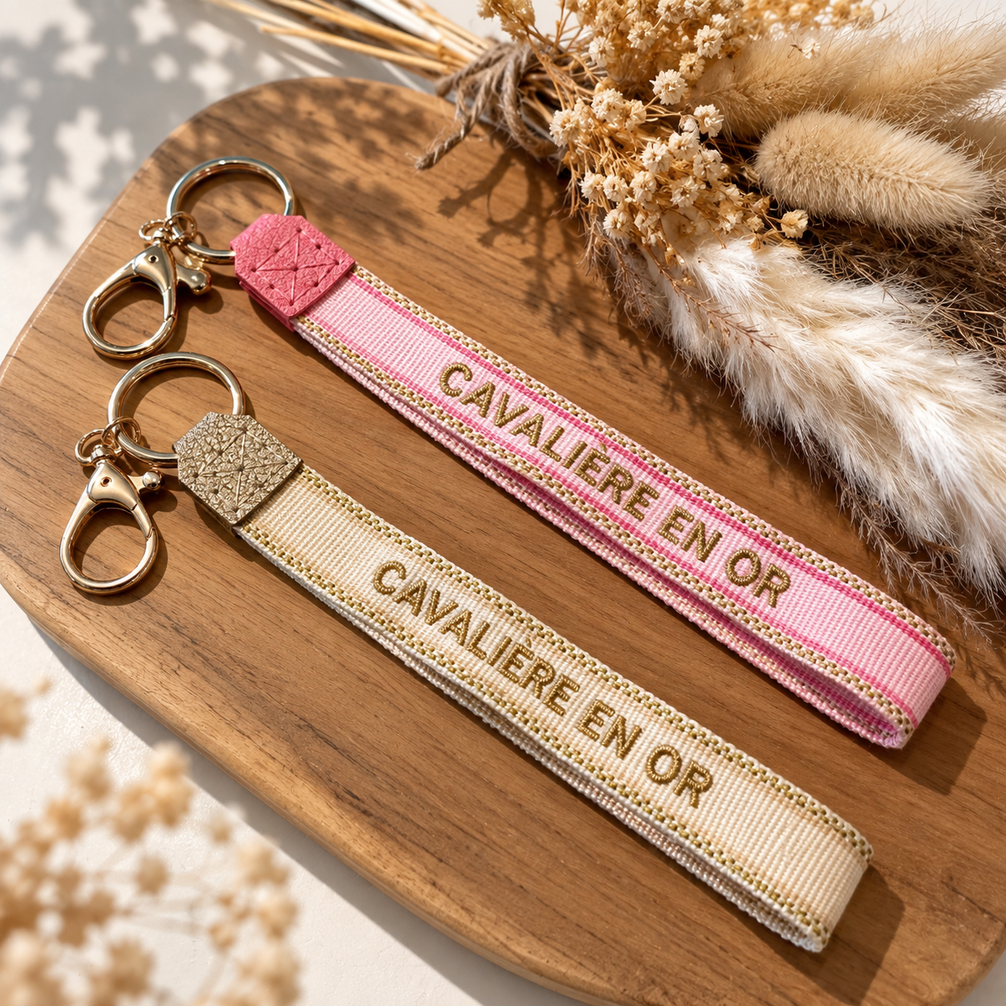 Equestrian Jewelry sleutelhanger Cavalière en or in stof met geborduurde tekst en goudkleurige ringen