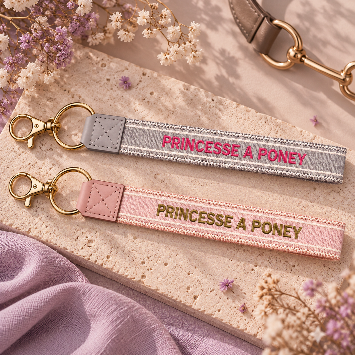 Equestrian Jewelry sleutelhanger Princesse à poney, geweven lint met borduursel en goudkleurig karabijnhaakje
