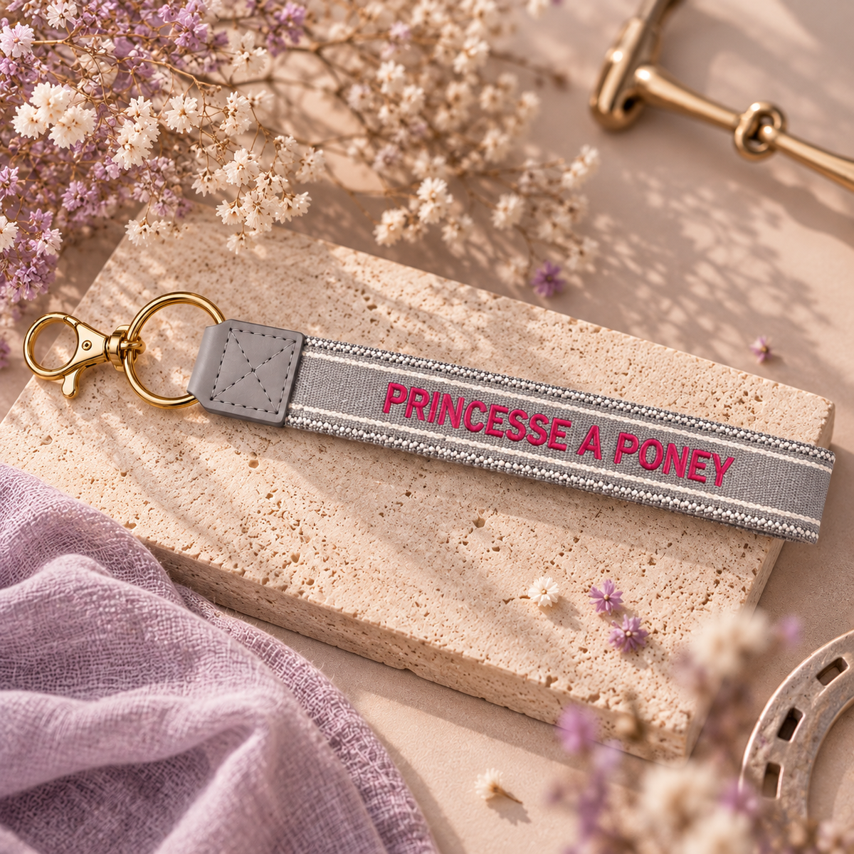 Equestrian Jewelry sleutelhanger Princesse à poney, geweven lint met borduursel en goudkleurig karabijnhaakje