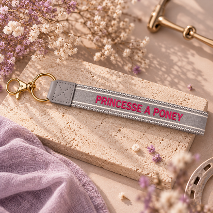 Equestrian Jewelry sleutelhanger Princesse à poney, geweven lint met borduursel en goudkleurig karabijnhaakje