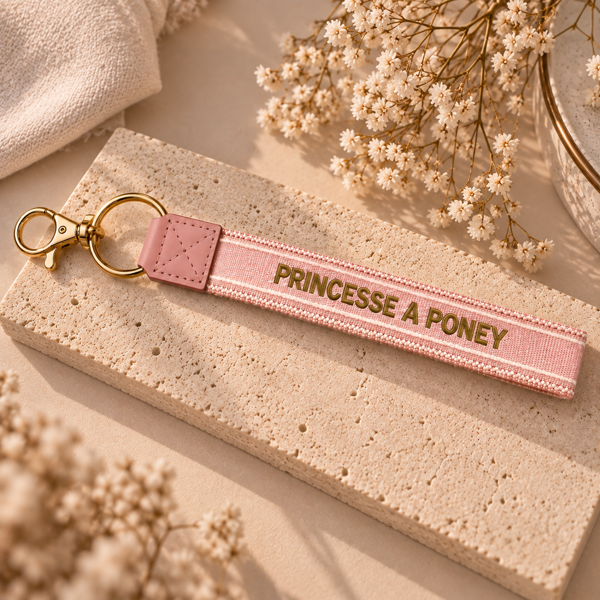 Equestrian Jewelry sleutelhanger Princesse à poney, geweven lint met borduursel en goudkleurig karabijnhaakje